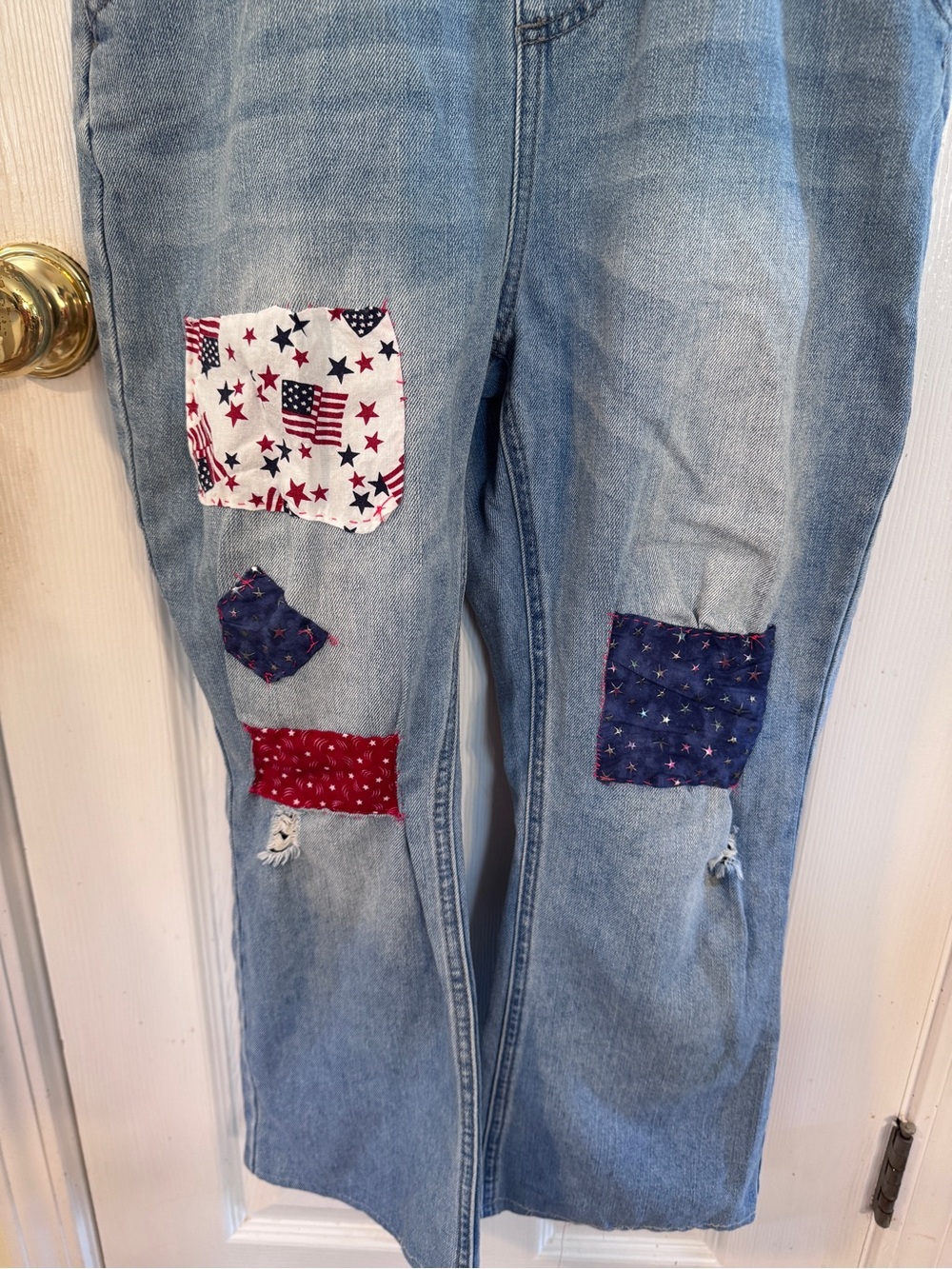 Upcycled Patriotic Patchwork Denim Overalls Small USA Flag Distressed Festival - Picture 2 of 10